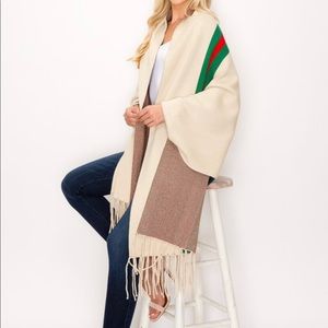 Poncho Cream Color with Red and Green Stripe